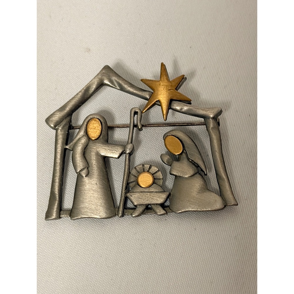 JJ Nativity Brooch Pewter Gold Tone Artifacts 1986 Christmas Pin Vintage